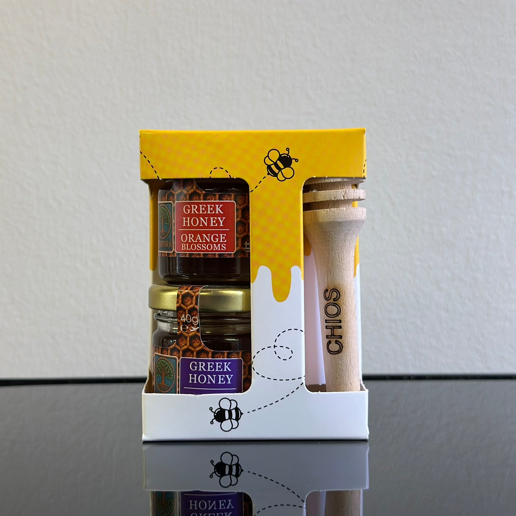 Gift Box Thyme Honey 40ml and Orange Blossom Honey 40ml with Wooden Honey Dipper CHIOS