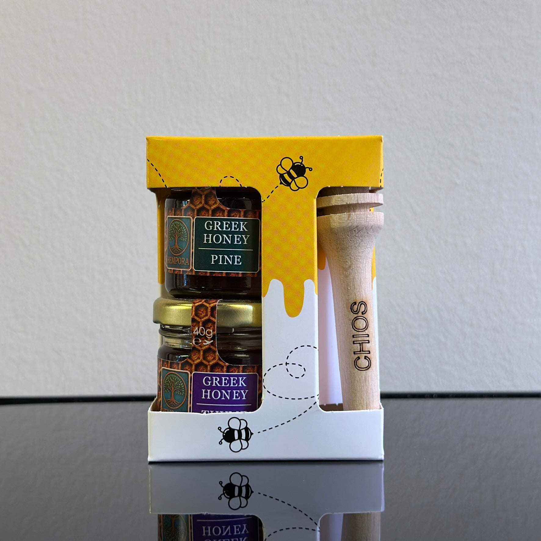 Σετ Δώρου Θυμαρίσιο Μέλι 40ml και Πευκόμελο 40ml με Ξύλινη Κουτάλα Μελιού Hempora